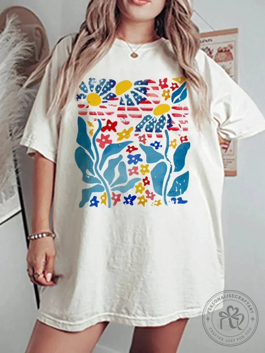 Vintage Wildflower American Flag Oversized Graphic T-Shirt
