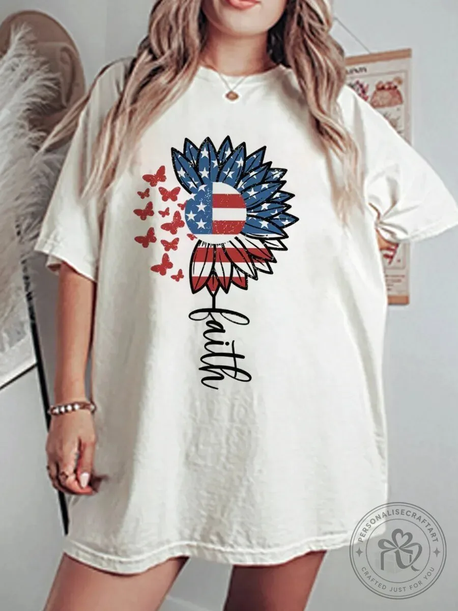 Graphic T-Shirt with Faith, Sunflower, and American Flag Design 2 Graphic T-Shirt with Faith, Sunflower, and American Flag Design