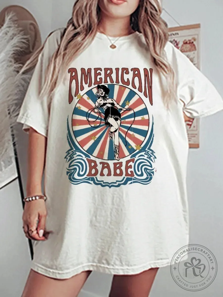 Vintage American Babe Patriotic Graphic Oversized T-Shirt for Women
