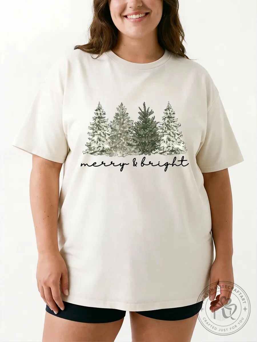 Merry and Bright Christmas Tree Forest Holiday Graphic T-Shirt